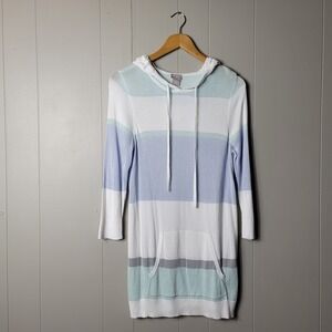CHICO'S ZENERGY STIPED THIN KNIT HOODIE KANGAROO POCKET 3/4 SLEEVE WOMENS MEDIUM